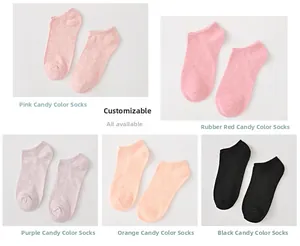 Detail view showing five candy-colored cotton blend ankle socks in pink, purple and black