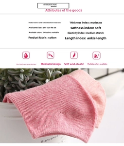 Detail specifications and soft cotton fabric features of candy color women's low cut socks