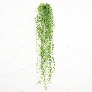 Close-up of hanging green artificial succulent vine plants on a white lattice wall