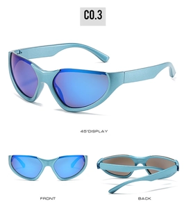Three views of sporty blue semi-rimless sunglasses with mirrored lenses for cycling