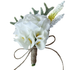 White Calla Lily and Rose Wedding Boutonniere with Rustic Jute Wrap and Green Antler Leaf