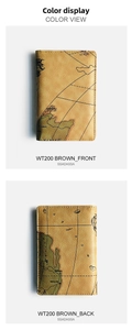 Front and back view of brown PU leather passport holder with vintage map pattern