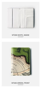 Detail view of map print PU leather passport holder showing internal card slots and green cover
