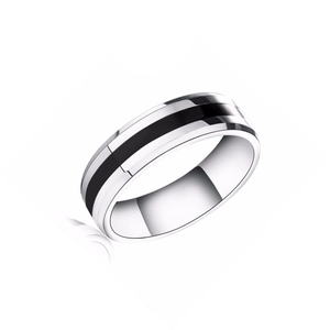 Macro view of silver titanium steel ring featuring a black enamel stripe design