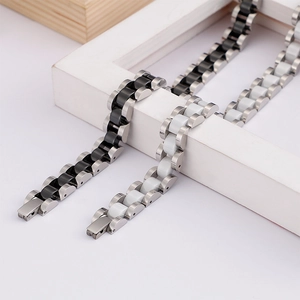 Ceramic and stainless steel men's bracelets in black and white with fold-over clasp
