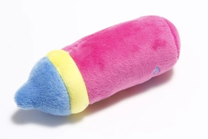 Macro view of plush feeding bottle dog toy with soft texture and pink fabric details