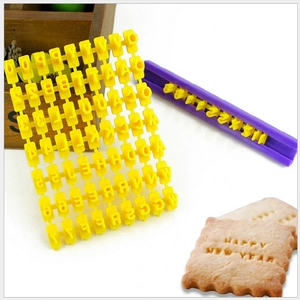 DIY plastic letter and number stamp set for cookies with yellow plates and purple handle