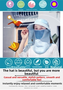 Dettaglio cappello parasole blu con maschera, rete traspirante e protezione UPF 50+