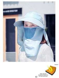 Dettaglio del cappello da sole azzurro con maschera traspirante e tesa larga anti-UV