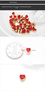 Detailed view of 5mm red enamel heart beads with gold edges and product measurements