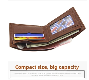 Interior detail of brown lychee grain men's wallet showing card slots and coin pocket