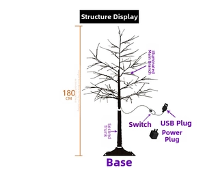 Detail of 180cm LED birch tree components showing USB power cable and stable cross base
