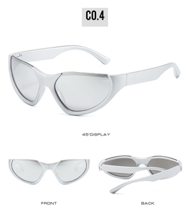 Three-way view of silver futuristic Y2K sports sunglasses with grey semi-transparent lenses