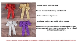 Close-up of glittery Christmas bows in red gold silver and purple for tree decor