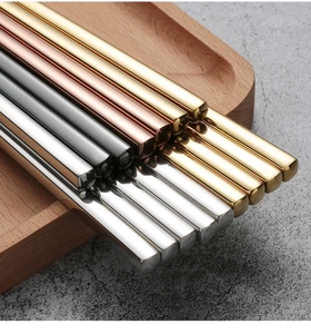 Close-up of square non-slip 304 stainless steel chopsticks in multiple metallic colors