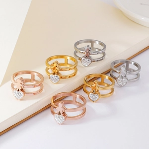 Double layer open ring with boy girl charms and heart pendant in gold silver rose gold