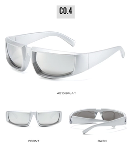 Three-view display of silver cyber sports sunglasses with 45-degree, front, and back angles