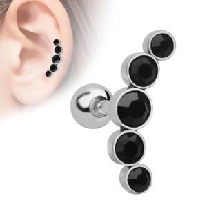 Detail of black zirconia curved cartilage earring bar on stainless steel stud