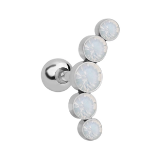 Detailed side view of five-stone curved ear stud with opal inlay and screw back ball