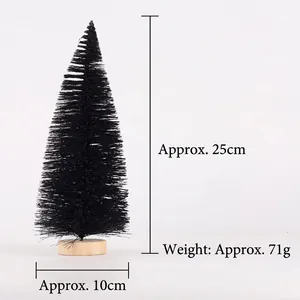 Detail view of a 25cm black mini Christmas tree with a wooden base and dimensions shown