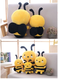 Detailed comparison of four bee plush toys in various sizes with yellow and black stripes