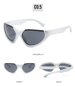 Three angles of Y2K silver semi-rimless sports sunglasses with dark grey lenses