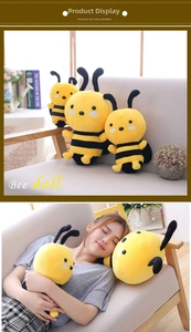 Three sizes of plush bee dolls shown with a model using them as comfortable pillows