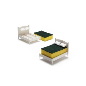 Miniature white bed frame sponge holder with yellow and green cleaning scourer set