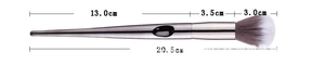 Detailed size measurement of a silver makeup brush with grey gradient bristles