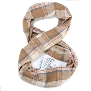Faux cashmere plaid scarf neck warmer with functional hidden pocket for phone and cards