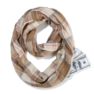 Detail of checkered cashmere-feel neck gaiter with hidden pocket for small items