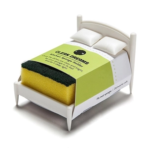 Creative white bed-shaped kitchen sponge holder with yellow and green sponge