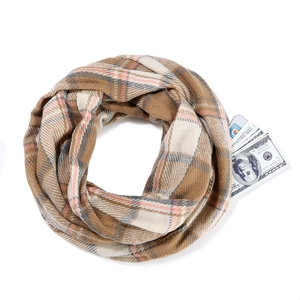 Detail view of brown plaid infinity scarf with hidden zipper pocket for cash and cards