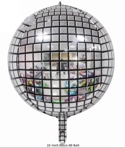 Detail view of 22 inch silver 4D disco mirror balloon with black grid pattern