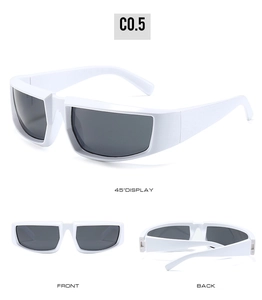 Three-view display of white square sunglasses with dark lenses from front and back angles