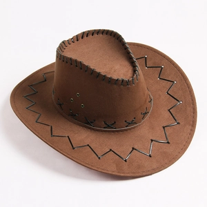 Classic dark brown western cowboy hat with black cross stitching and wide brim detail