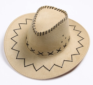 Detail of light khaki suede cowboy hat with black decorative stitching and wide brim