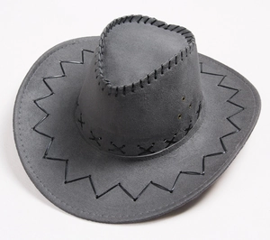 Draufsicht auf dunkelgrauen Cowboyhut mit Ziernähten und Wildleder-Textur-Effekt