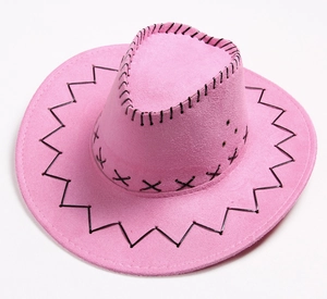 Detailed top view of pink suede cowboy hat featuring distinctive black stitched edges