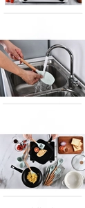 Detail showing water rinsing a mint green silicone spatula with a wooden handle