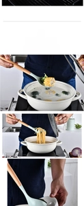 Detail of mint green silicone pasta server and soup ladle with natural wooden handles