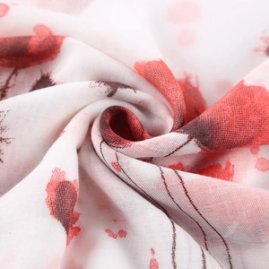 Floral print long scarf in red and black on white breathable fabric for women