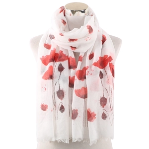 Women Lightweight Floral Printed Polyester Scarf Fashion Poppy Pattern Long Shawl With Tassels For Sun Protection Travel