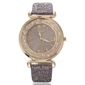 Elegant women's quartz watch with rhinestone bezel and colorful glitter leather strap