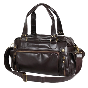 Dark brown PU leather travel duffel bag with dual handles and adjustable shoulder strap