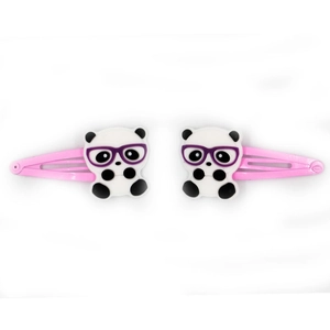Detail of pink metal BB clips with cute panda silicone charms wearing purple glasses