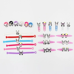 Detailed assortment of cute panda children's rings, bracelets, hair clips and paper clips