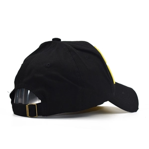 Adjustable black cotton baseball cap with yellow embroidery and gold metal buckle detail