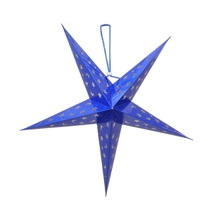 Blue 3D paper star lantern with gold moon and star cutouts for Christmas ceiling decor