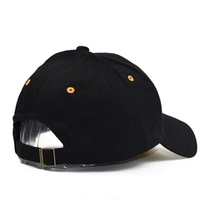 Classic black cotton baseball cap back view with yellow embroidery and metal buckle